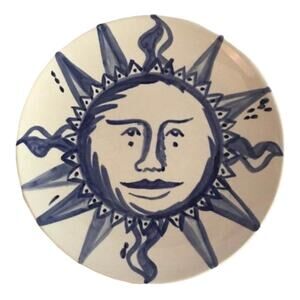 Sun Dial Face Pottery Trinket Dish in Blue & White/Stoneware